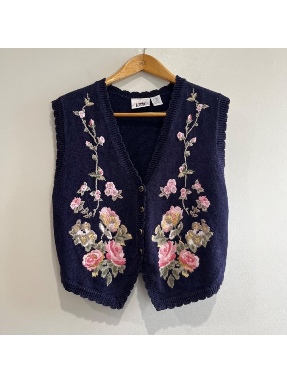 Lucia Floral Embroidered Sweater Vest Womens L Navy V-Neck Cottage Core